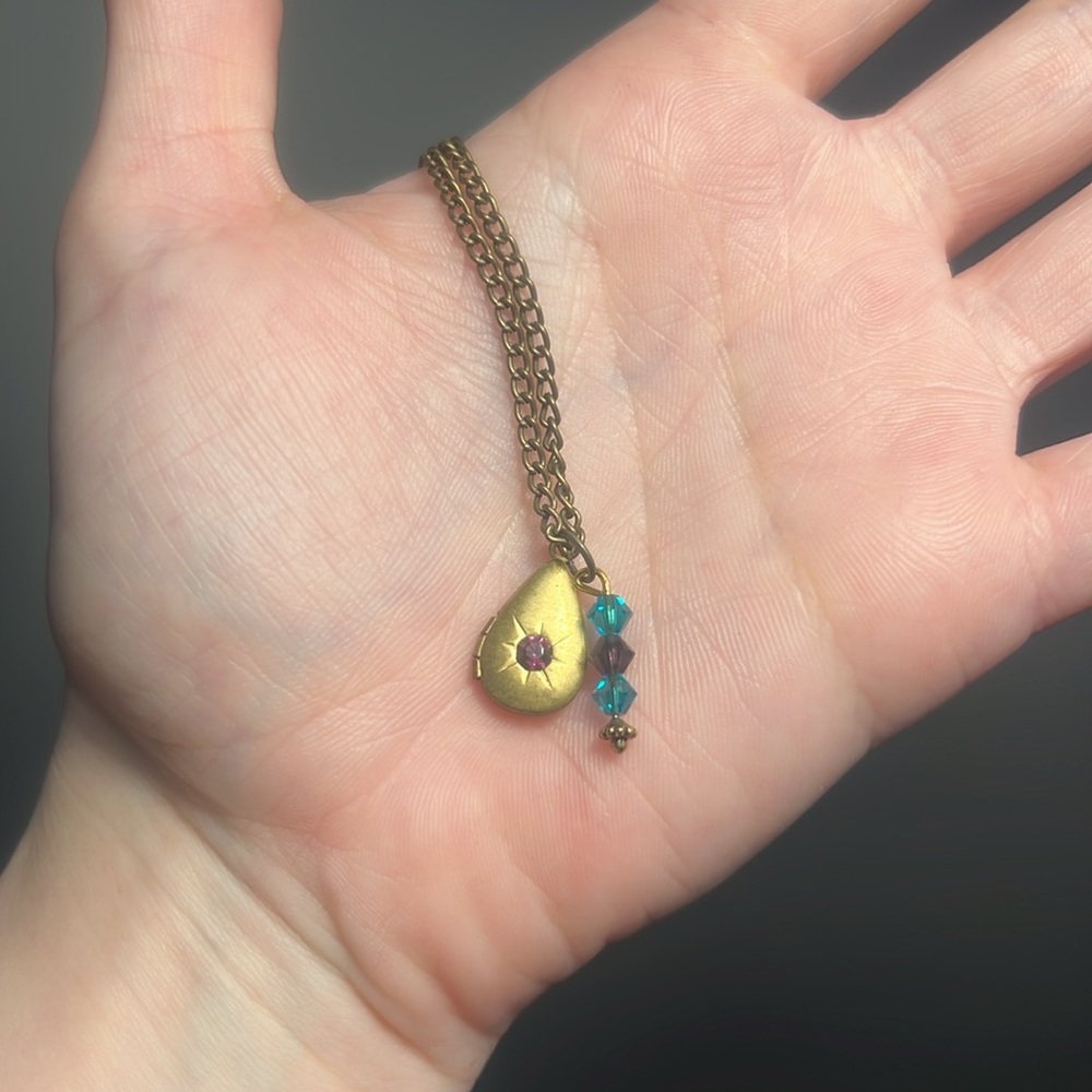 Mini dainty gold locket necklace with teal and purple Swarovski crystals